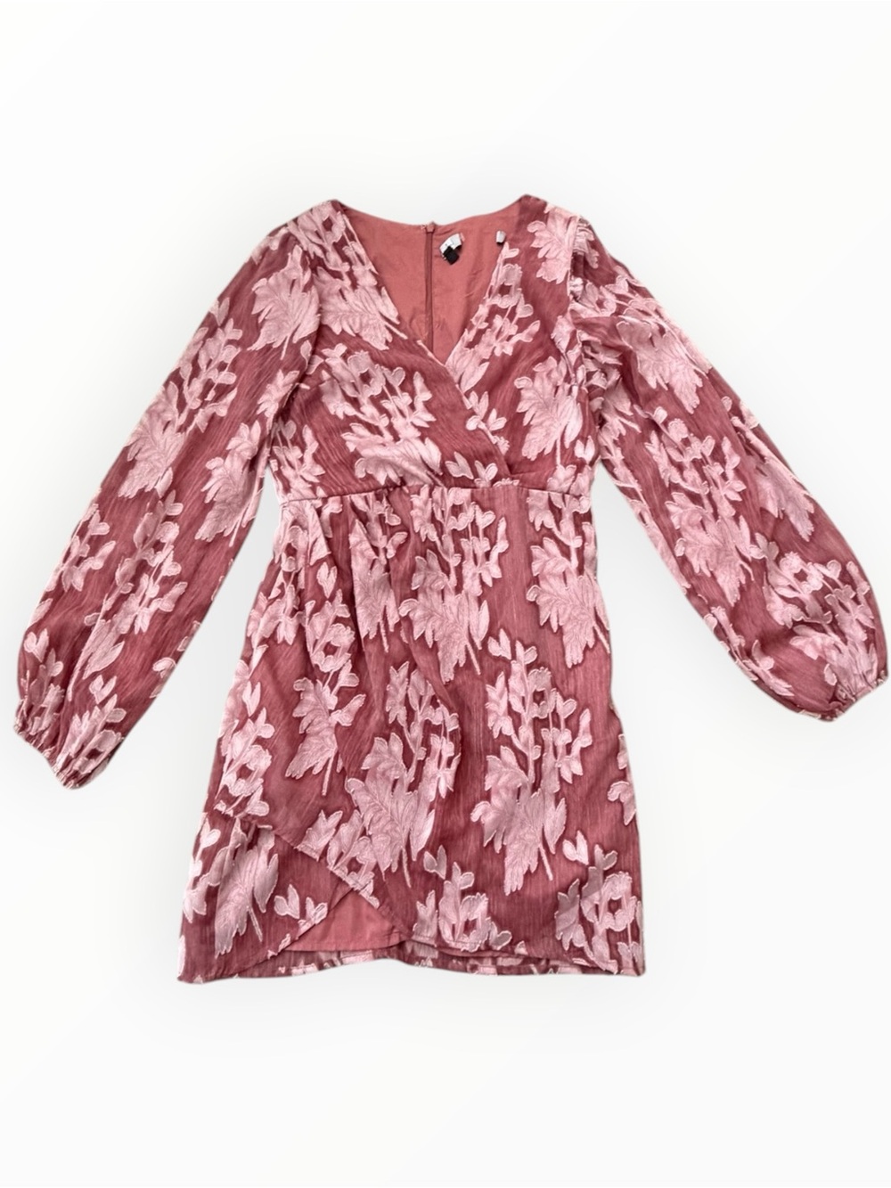 LULUS Meant to Shine Mauve Floral Jacquard Long Sleeve Mini Dress Wrap S Pink - Picture 4 of 9